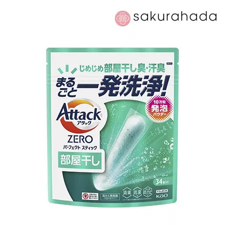 Стиральный порошок в стиках KAO Attack Zero Perfect Stick дезодорирующий, свежий морской аромат (34 стика)
