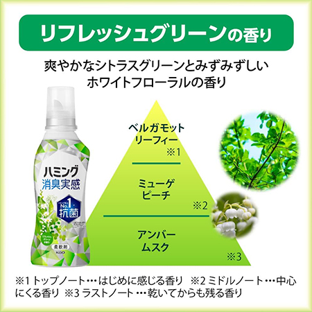 Кондиционер для белья KAO Humming Feeling Green, аромат ромашки и зелени, сменный блок (380 мл)